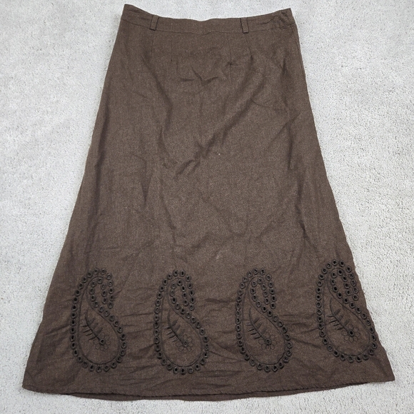 Ecologie Twee Midi Skirt Size 10 Linen Blend Chocolate Brown Paisly Academia - Picture 2 of 8